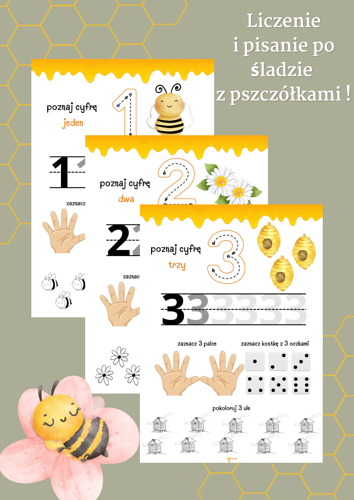 karty pracy dla dzieci, nauka cyfr 1-10, matematyka dla przedszkolaków, karty edukacyjne do druku, Międzynarodowy Dzień Pszczół, karty pracy PDF dla dzieci w wieku przedszkolnym, matematyczne zadania z pszczółkami do druku, utrwalanie cyfr przez zabawę, materiały edukacyjne do nauki liczenia, przedszkolne karty edukacyjne do zajęć przyrodniczych