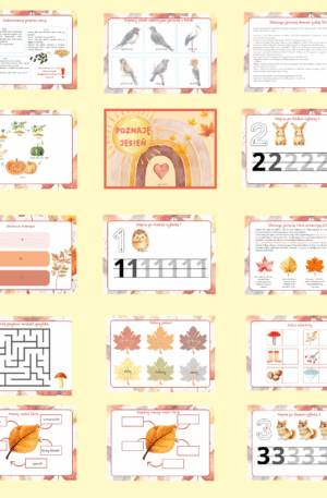 Jesienny pakiet edukacyjny PDF do druku – karty pracy, zadania i ciekawostki o jesieni dla dzieci w wieku przedszkolnym i szkolnym. Nauka pisania, liczenia, słownictwa i przyrody w formie zabawy.